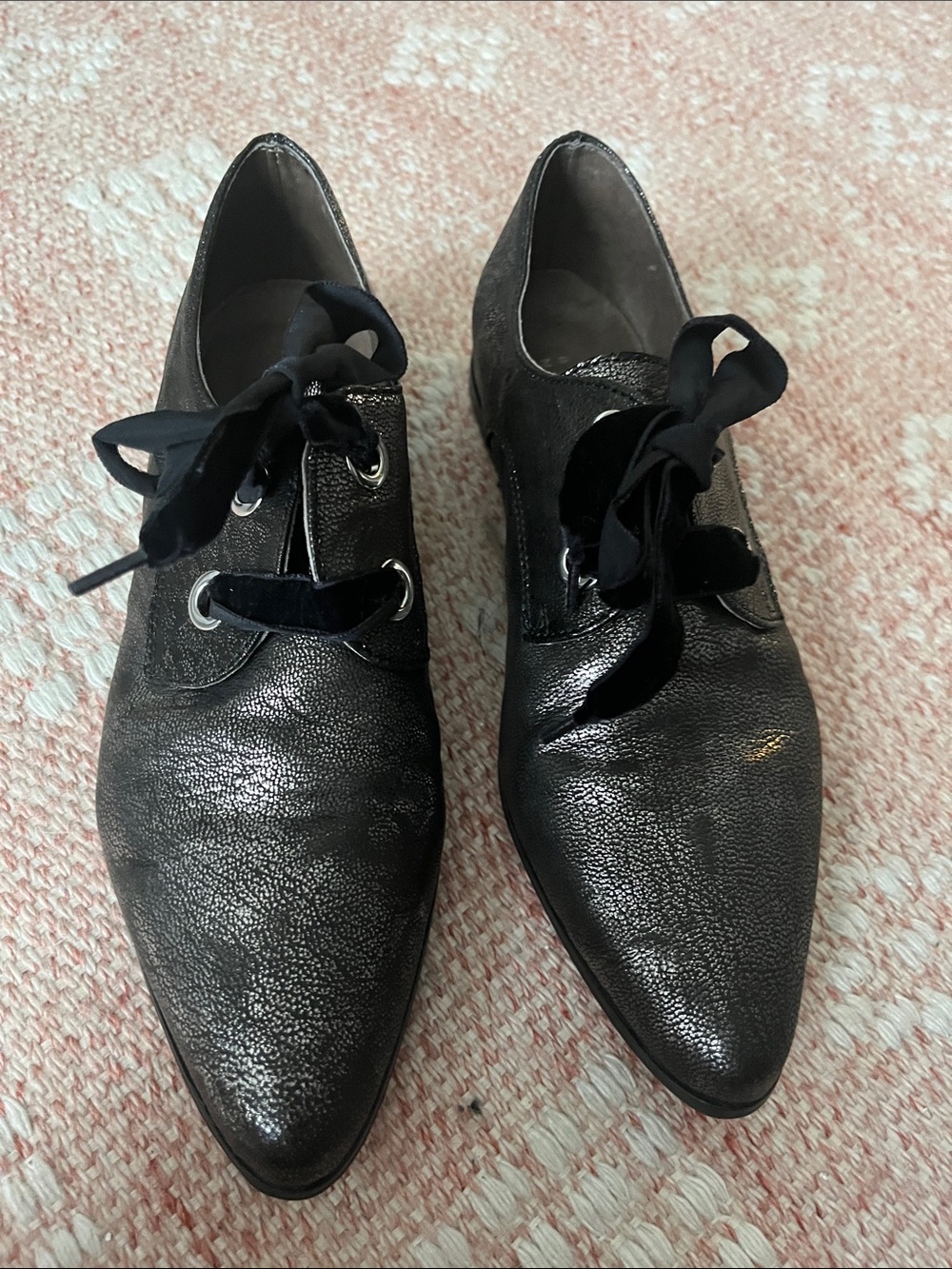 Barneys New York Metallic Black Pointed Lace-Up Flats